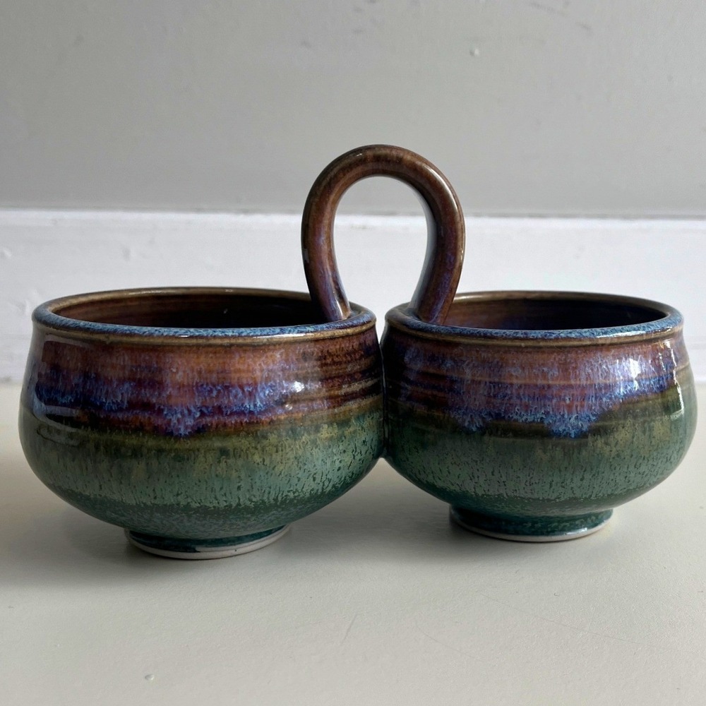 Studio Pottery Double Condiment Caddy Salt Pepper Cellar Blue Green Glaze Signed